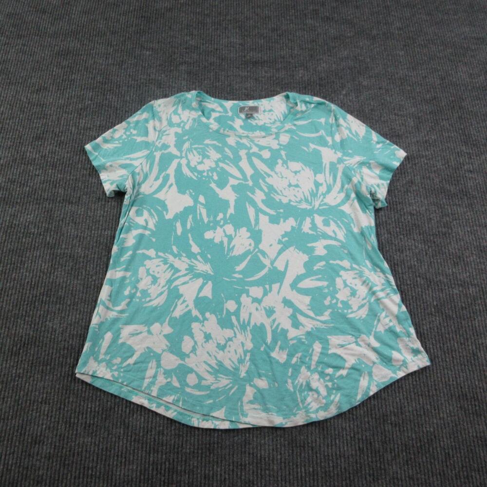 JM Collection Shirt Womens XL Blue Tunic Short Sleeve Crew Neck Floral Tee